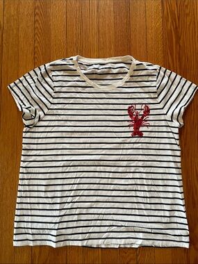 J. Crew White and Navy Striped Short Sleeve Tee with Red Sequin Lobster